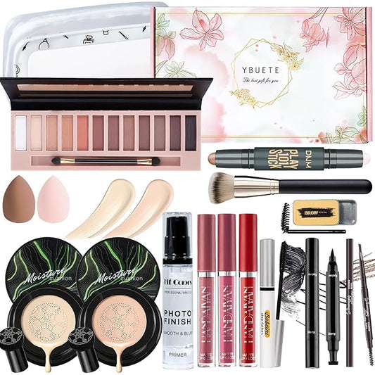 Makeup Kit Set for Women, Makeup Present for Women Teens Girl, Eyeshadow Palette Air Cushion CC Cream Primer Brush Spong Contour Lipstick Eyebrow Soap Mascara Eyeliner C-VeraVaultWomen