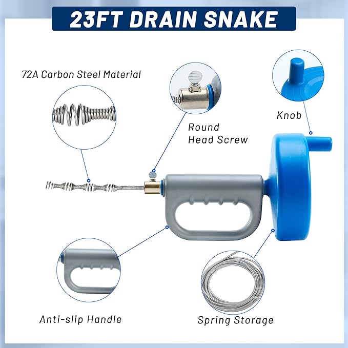 Snake Drain Hair Removal Tool - 23FT Reusable 72A Carbon Steel Drain Snake Hair Drain Clog Remover with Drill Adapter for Kitchen, Bathroom, Shower Sink - Removes Hair, Pet Fur, Leaves, Toilet Paper