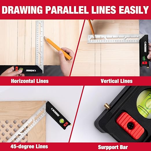 Arrow 10-Inch Try Square, Woodworking Square with Stainless Steel Blade, Aluminum Handle, 1-Inch Scribe Notches and Bubble Level, Layout and Marking Tool for Carpenters