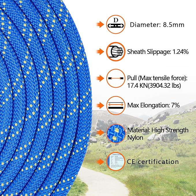 AOLEBA 8.5mm Static Climbing Rope, Outdoor Rock Climbing Ropes, Heavy Duty Rappelling Rope for Fire Rescue, Escape, 10M(32Ft) 20M(64Ft) 30M(96Ft) Ice Climbing Equipment & Parachute Accessories