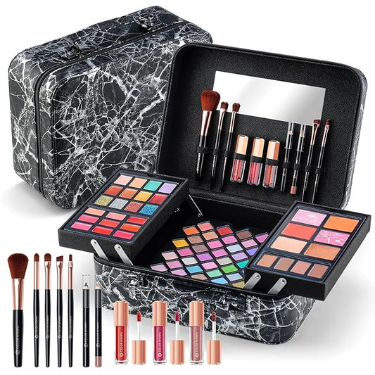 Makeup Kit for Women,All in One Makeup Gift Set for Girls in Cosmetic Train Case (Black) With Mirror,Full Cosmetic Kit Includes Eyeshadow Palette,Lipgloss,Blushes,Pencil,Brush Applicators-VeraVaultWomen