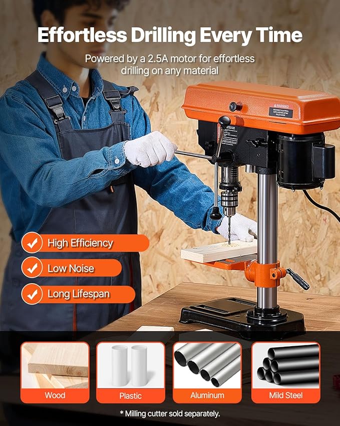 VEVOR 8 in Benchtop Drill Press, 2.3A Induction Motor, Tabletop Drilling Machine with 750/1140 / 1740/2340 / 3200 RPM Adjustable Speed, 0-45° Tilting Worktable, LED Work Light, for Wood Metal
