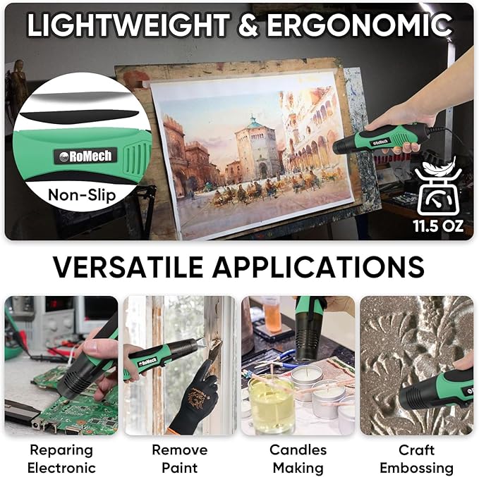 ROMECH 350W Heat Gun with 2 Nozzles, Dual Temp Heat Gun 400°F-660°F, Fast Heat Hot Air Gun with Overload Protection for DIY Craft Embossing Shrink Wrapping (Green)