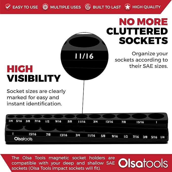Olsa Tools Magnetic Socket Organizer | 3/8-Inch Drive | SAE | Black | Holds 26 Sockets | Professional Quality Tools Organizer