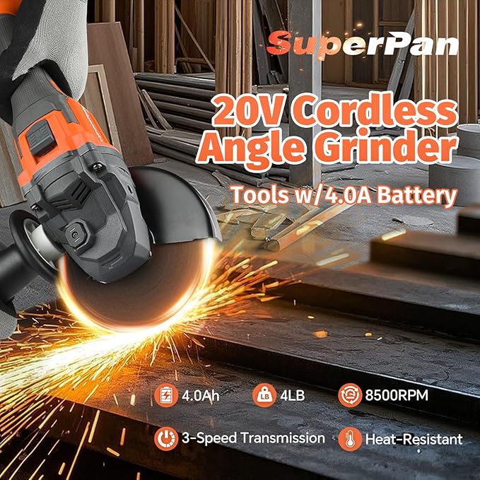 20V Cordless Angle Grinder - High - Power 8500RPM, 4.0Ah Battery, 3 - Speed Adjustable, with 4-1/2" Grinding Discs & Other Accessories & Tool Bag - Works on Metals, Woods, Plastics