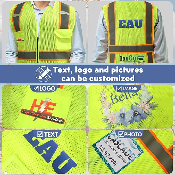 BeautyWill Custom Safety Vest Customized Logo Class 2 High Visibility Reflective Vest with Pockets Construction workwear