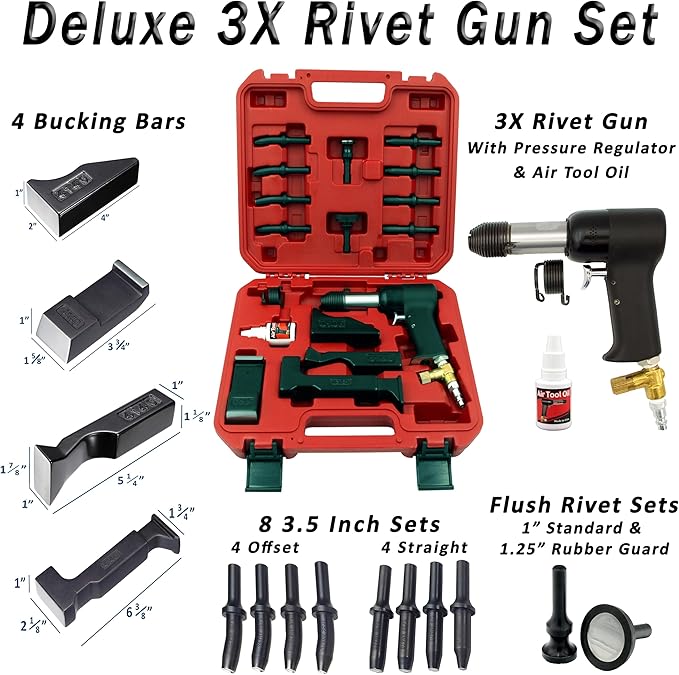 Wicks Aircraft 3X Deluxe Rivet Gun Set, Includes: 3X Rivet Gun, 4 Bucking Bars, 10 Rivet Sets, and Air Tool Oil.