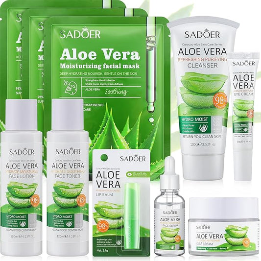 10 Pcs Skin Care Sets Face Care Set for Women Includes 1 Pcs Cleanser, Toner, Lotion, Eye Cream, Serum, Face Cream, Lip Balm and 3 Facial Masks Skincare Gift for Girls (Aloe Vera)-VeraVaultWomen