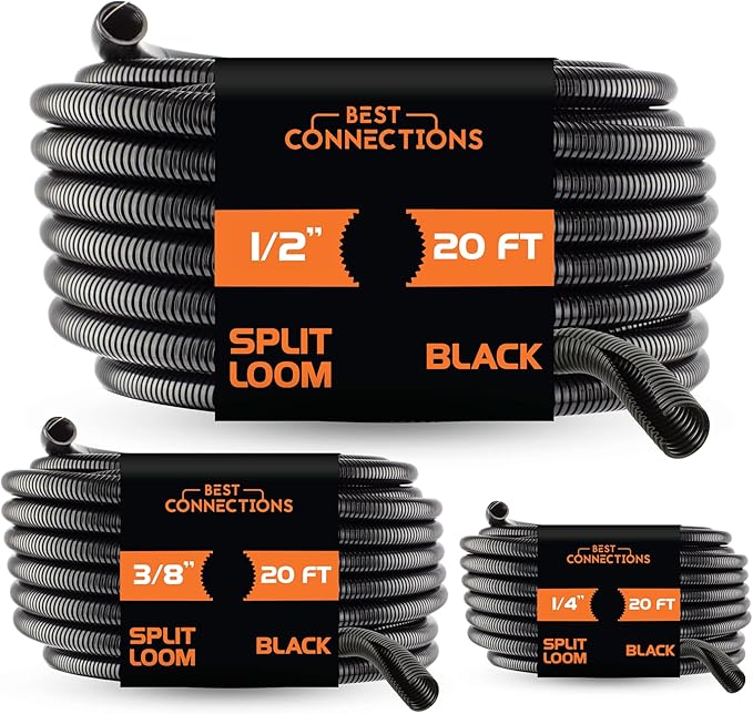 BEST CONNECTIONS 3-Pack (1/4", 3/8", 1/2" x 20 ft Each) Assorted Split Wire Loom Convoluted Tubing – Protective Split Cable Sleeves/Conduit for Automotive Home Industrial Electrical – Black