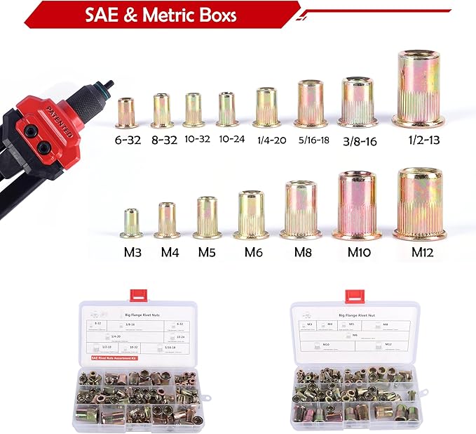 BEETOW Rivet Nut Tool Kit, 16 Inches Rivet Nut Gun, 15 Types Mandrel, 200 Pcs Rivet Nut in Two Box, a Carrying Storage Case