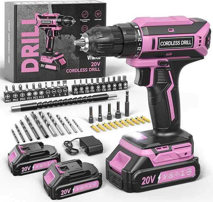 Pink Cordless Drill Set, 20V Max PowerDrill for Women, Lightweight ElectricDrill with Dual Power Pack and Charger, 25 Position and 56 Pcs Accessoires, Womens Drill Tools Kit for House