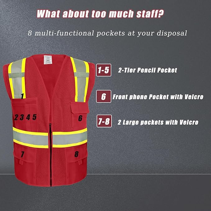 BeautyWill Custom Safety Vest Customized Logo Class 2 High Visibility Reflective Vest with Pockets Construction workwear