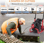 PIONEERWORKS 75Ft x 1/2 Inch Drain Cleaner Machine, Auto-feed Electric Drain Auger Professional for 2 to 4 Inch Pipes, with 6 Cutters, Glove, Drain Auger Cleaner Sewer Snake