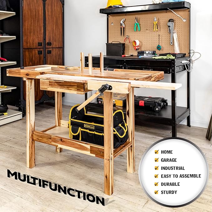 Olympia Tools 48-Inch Acacia Hardwood Workbench with Drawer - 330lbs Weight Capacity Heavy Duty Portable Wood Work Bench Table for Garage, Workshop, Home Storage - Woodworking Wooden Workbenches