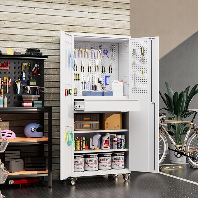 71" Metal Garage Storage Cabinet with 16 Hooks and Pegboards,1 Drawer Inside Rolling Tool Storage Cabinet with Adjustable Shelves,3 Metal Hanging Rod for Garage,Warehouse(White)