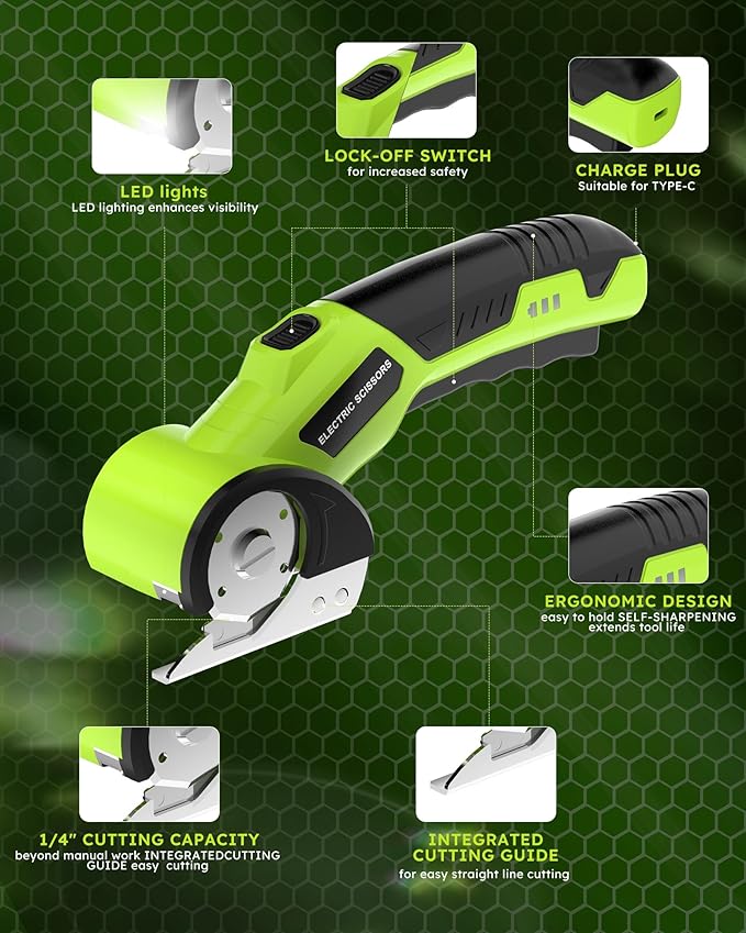 4.5V Cordless Electric Scissors, Cardboard Cutter with 2 Safety Blades,Rechargeable Box Cutter for Fabric,Lightweight Tool for DIY with Safety Lock and LED Light.