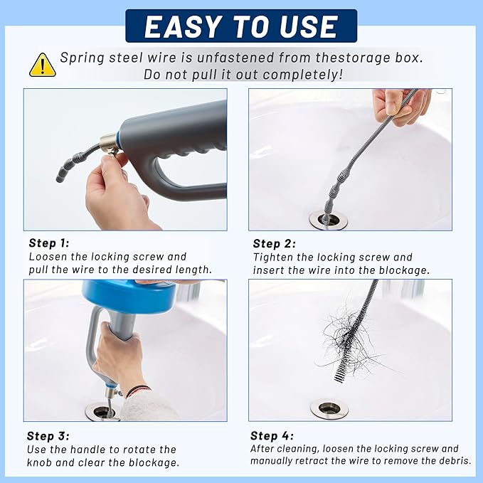 Snake Drain Hair Removal Tool - 23FT Reusable 72A Carbon Steel Drain Snake Hair Drain Clog Remover with Drill Adapter for Kitchen, Bathroom, Shower Sink - Removes Hair, Pet Fur, Leaves, Toilet Paper