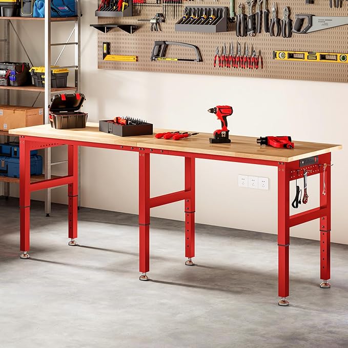 SPECRAFT 84" Red Adjustable Heavy Duty Workbench with 4 AC Outlet and 2 USB Ports Power Outlets, 5000 Lbs Capacity, Rubber Wood Top for Garage, Workshop, Office