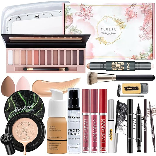 Makeup Kit Set for Women, Makeup Present for Women Teens Girl, Eyeshadow Palette Foundation CC Cream Primer Brush Spong Contour Lipstick Eyebrow Soap Mascara Eyeliner Cosmetic bag-VeraVaultWomen