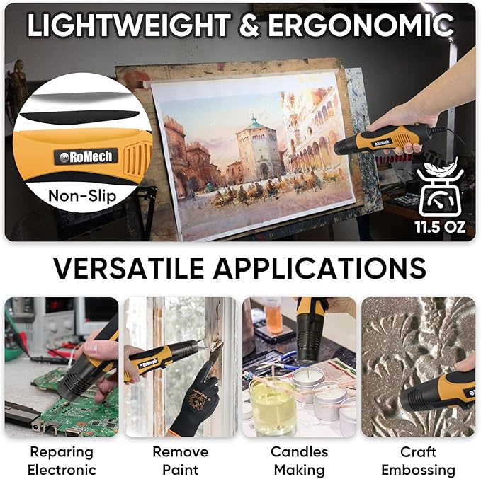 ROMECH 350W Heat Gun with 2 Nozzles, Dual Temp Heat Gun 400°F-660°F, Fast Heat Hot Air Gun with Overload Protection for DIY Craft Embossing Shrink Wrapping (Orange)