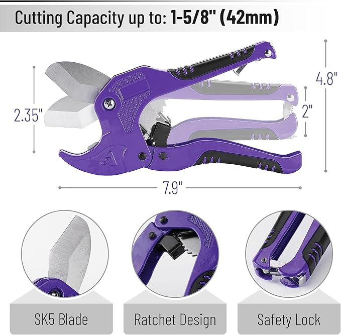 Bates- PVC Pipe Cutter, Cuts up to 1-5/8", Purple Ratcheting PVC Pipe Cutter Tool, Pipe Cutters PVC Pipe Shears, Plastic Pipe Cutter, PEX Pipe Cutter, PVC Cutter Tool, PVC Ratchet Cutter