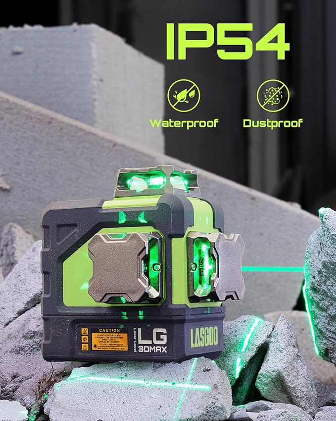 LG-3DMAX 3x360° Green Laser Level, 3D Self-Leveling Cross Line Laser with 2 Rechargeable Lithium Batteries, Fine-Tuning Bracket Adapter, Green Laser Enhancement Glasses, and Hard Carrying Case