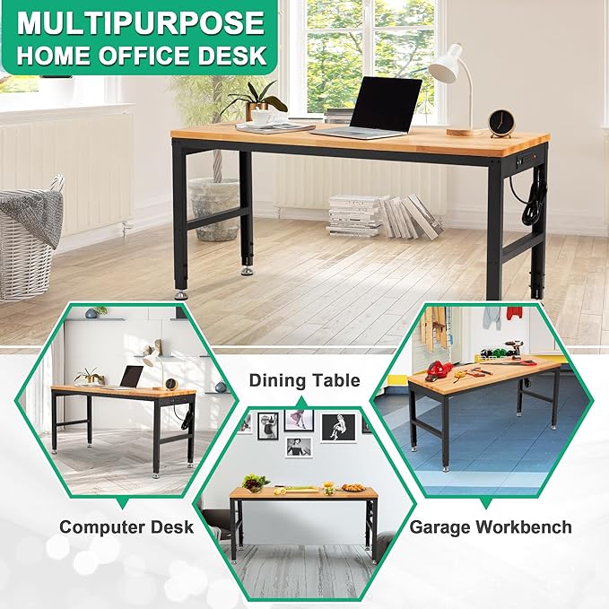 HABUTWAY Height Adjustable Workbench, 60"x20" 2000 Lbs Capacity Solid Wood Work Station Heavy-Duty, with Power Outlets, for Garage Party Shop Office