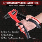 Rivet Gun Kit, Manual Pop Rivet Tool with 200 Rivets and 4 Drill Bits, 4 Tool-Free Interchangeable Rivet Heads, Heavy-Duty Hand Riveter with Sturdy Case for Metal, Plastic, Leather