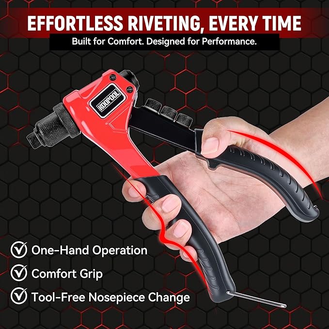 Rivet Gun Kit, Manual Pop Rivet Tool with 200 Rivets and 4 Drill Bits, 4 Tool-Free Interchangeable Rivet Heads, Heavy-Duty Hand Riveter with Sturdy Case for Metal, Plastic, Leather