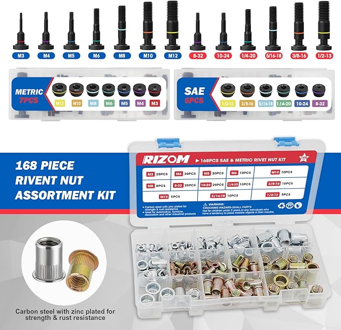 Rizom Rivet Nut Tool, 16” Rivnut Tool Kit with 13 Metric and SAE Mandrels, Threaded Nutsert Tool, 168PCS Rivet Nut Assortment Kit in Organized Carrying Case