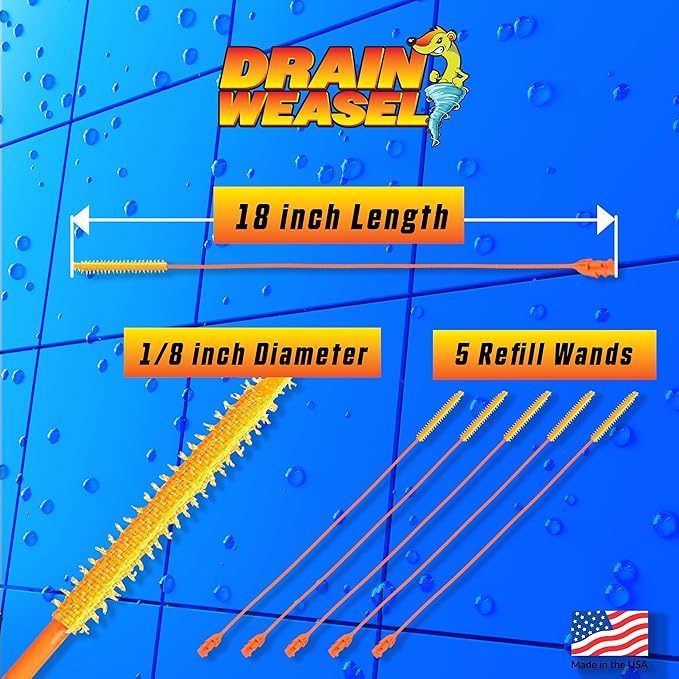 FlexiSnake Drain Weasel Refill - Sink Snake Hair Clog Remover Tool, Sink, Pipe, Bathroom, Bathtub Drain Cleaner, 18-inch Long Flexible Disposable Wands, Made in The USA, 5 Pack