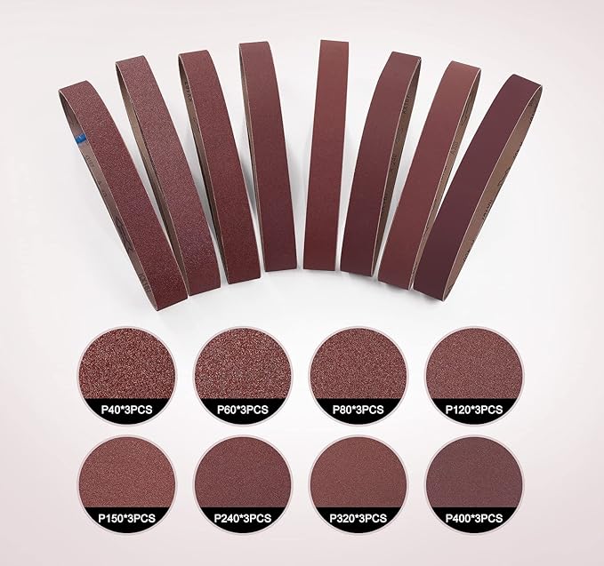 S SATC Sanding Belts 2×42 Inch Sanding Belt 24 Pcs 3 Each of 40 60 80 120 150 240 320 400 Grits Complete Set of Aluminum Oxide for Versatile Grinding and Finishing