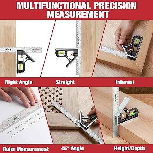 Arrow 7-Inch Aluminum Alloy Carpenter Square and 12-Inch Zinc Alloy Combination Square Set, Woodworking Rafter Layout Ruler Tool Combo