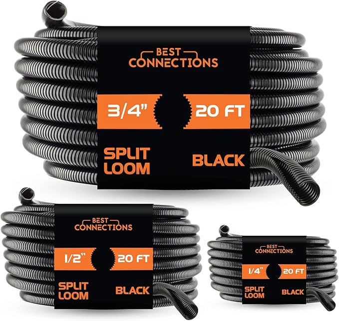 BEST CONNECTIONS 3-Pack (1/4", 1/2", 3/4" x 20 ft Each) Assorted Split Wire Loom Flex-Guard Convoluted Tubing – Protective Split Cable Sleeves/Conduit – Black