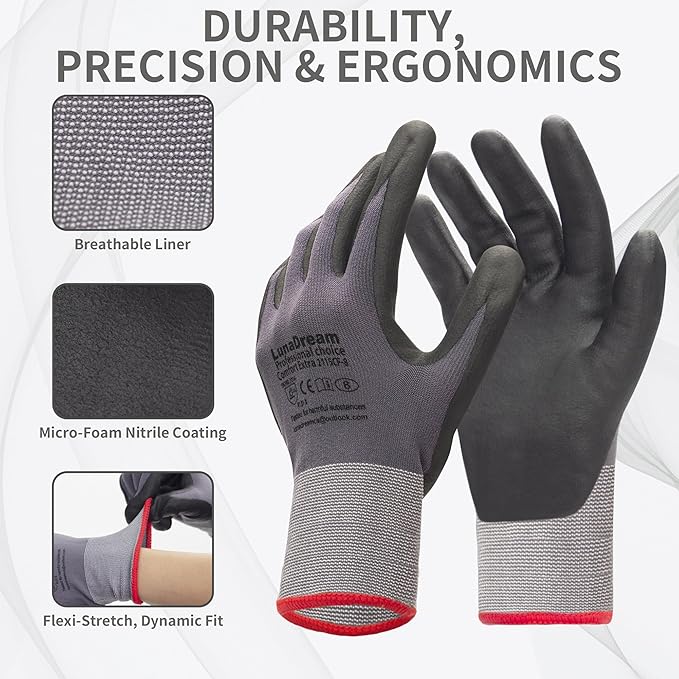 Micro-Foam Nitrile Coated Gloves-12 Pairs, Seamless Knit Design, Perfect for Home Projects and Construction