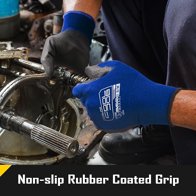 COOLJOB 12/60 Pairs Safety Work Gloves Pack Bulk with Grip PU Coating, 13 Gauge Seamless Knit Gloves with Polyurethane Dipped for Warehouse Working, Breathable Lightweight for Men Women, Blue Small