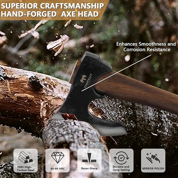 14.6" Hatchet, Camping Hatchet with Leather Sheath, Bushcraft Axe with 1065 Carbon Steel & Beech Handle, Survival Axe for Wood Splitting and Chopping - Perfect for Gardening and Outdoor