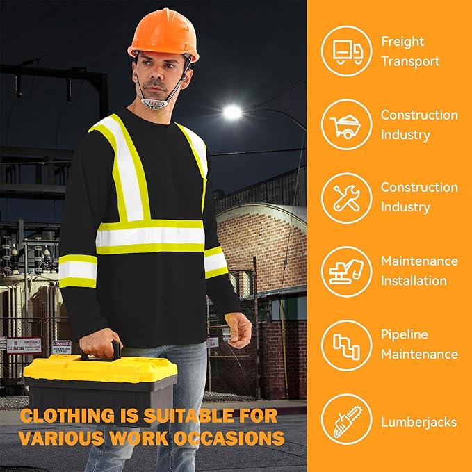 Hi Vis Safety Long Sleeve Shirts，High Visibility Class 3 T Shirts with Reflective Strips and Pocket, Quick Dry Mesh Construction Work Shirt for Men/Women (Black,6XL)