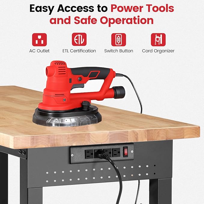 Workbench for Garage with Wheels 60 x 22 Inch Heavy Duty Rubberwood Tabletop Work Table with Under Table Shelf, Pegboard, Power Outlets for Woodworking Shop Home Office