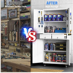 Garage Storage Cabinet with Wheels, Metal Storage Cabinet with 2 Drawers and 2 Adjustable Shelves, Metal Lockers with Pegboards for Homes, Offices, Kitchens, Schools and Pantries, White