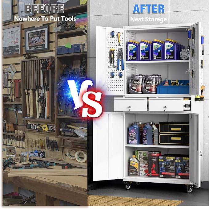 Garage Storage Cabinet with Wheels, Metal Storage Cabinet with 2 Drawers and 2 Adjustable Shelves, Metal Lockers with Pegboards for Homes, Offices, Kitchens, Schools and Pantries, White