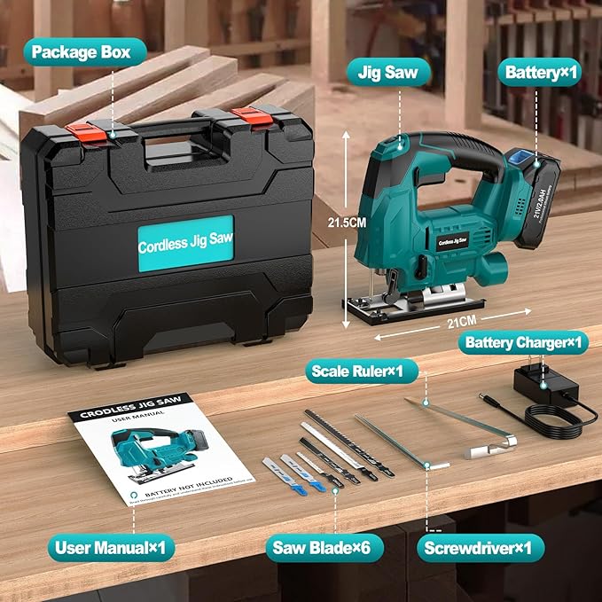 Cordless Jig Saw with Battery & Charger, Jigsaw Tool for Makita 18V Battery, with LED Light, Varible Speed, Bevel Angle (0°-45°), 3-Position Orbital Jig Saw for Wood PVC Metal Cutting