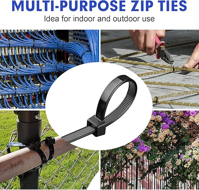 Zip Ties, RAZCC 1200pcs Black Cable Zip Ties 8 Inch, Heavy Duty Plastic Wire Ties with 50lb Tensile Strength, Self-Locking Black Nylon Tie Wraps for Indoor and Outdoor