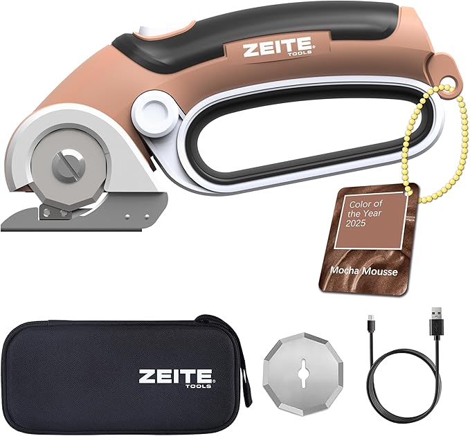 ZEITE 4V Cordless Electric Scissors Cardboard Cutter with 2 Blades,Storage Case,Rotary Cutter for Box Plastic Carpet Fabric, Easy to Hold and Safe,Mocha