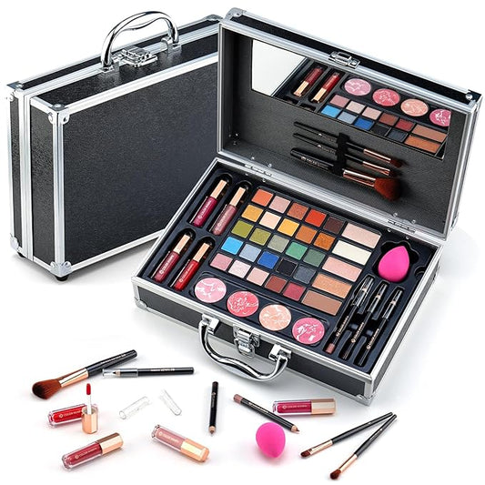 Makeup Kit For Women,All in One Makeup Gift Set for Girls in Cosmetic Train Case (Black) With Mirror,Full Starter Cosmetic Kit Includes Eyeshadow Palette,Lipgloss,Blushes-VeraVaultWomen