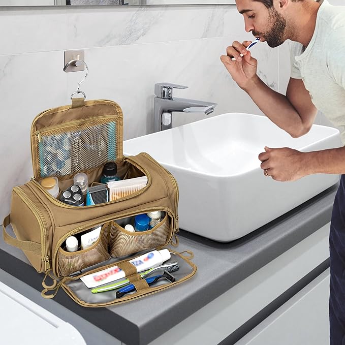 Tactical Toiletry Bag for Men, Hanging Hygiene Bag, Travel Dopp Kit Organizer for Shaving, Shower Essentials and Toiletries, Khkai (Empty Bag)