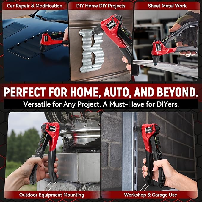 Rivet Gun Kit, Manual Pop Rivet Tool with 200 Rivets and 4 Drill Bits, 4 Tool-Free Interchangeable Rivet Heads, Heavy-Duty Hand Riveter with Sturdy Case for Metal, Plastic, Leather