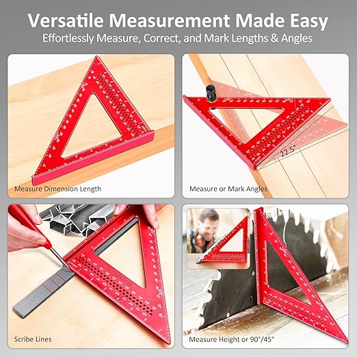 8 inch Carpenter Square, 1/16" Precision Hole Scribing Square Tools, 0-90° Aluminum Alloy Rafter Square, Woodworking Square & Carpenter Pencils 12 Refills