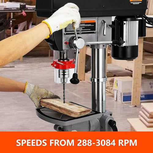 15 in Floor Drill Press, 7.5 Amp 120V Pure Copper Motor, 288-3084 RPM Variable Speed Cast Iron Bench Drill Press, 0-45° Tilting Worktable, Tabletop Drilling Machine for Wood Metal