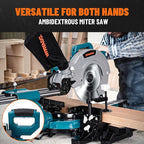 Updated 10-Inch Sliding Miter Saw, Multi-Material Cutting w/ 3 x TCT Blades, Ambidextrous Operation, 5000/3200RPM Speed, Laser Guide, 0-45° Bevel Cut, Max Cut 3.5x13.4in, 9 Positive Stops